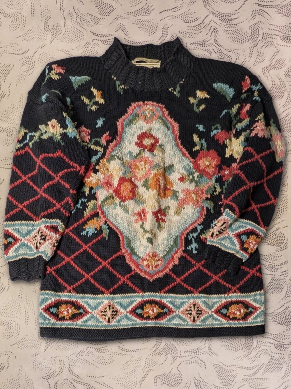 Vintage Hunter's Run Size XL Hand-Knitted Floral Intarsia Cottagecore Sweater